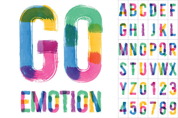 Vector set of colorful brush font Hand-drawn brush alphabet splatters and brush textures stock illustrations