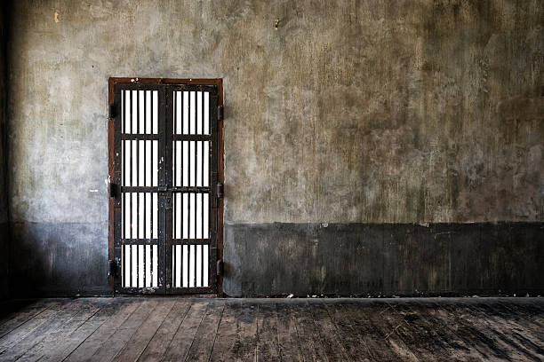 istock Rusted iron bars door on old wall 486639804
