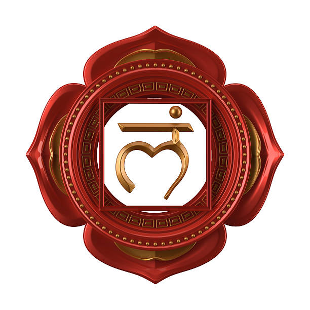 astratto rosso il muladhara, il chakra simbolo 3d moderno illustrazione - vishuddha foto e immagini stock