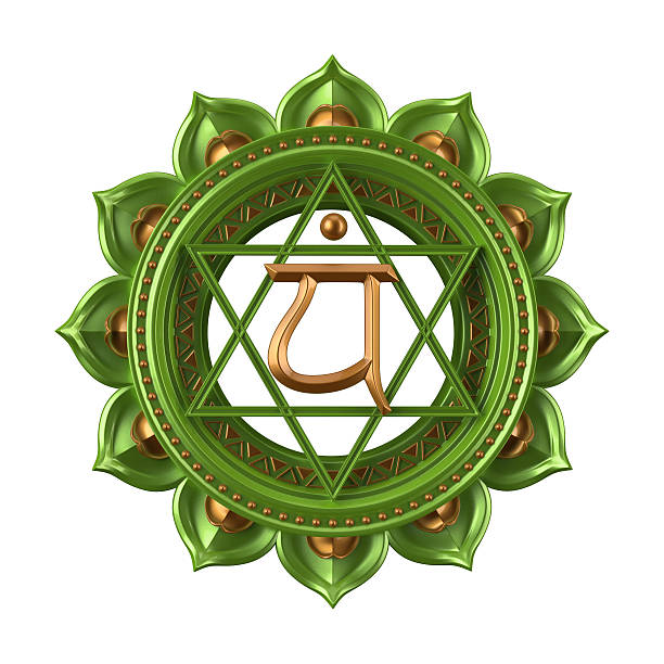 abstract green anahata símbolo chakra, 3d moderna ilustración - vishuddha fotografías e imágenes de stock