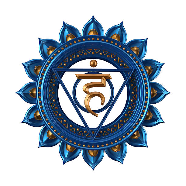 abstrato azul vishuddha chakra, moderno ilustração 3d símbolo - vishuddha - fotografias e filmes do acervo
