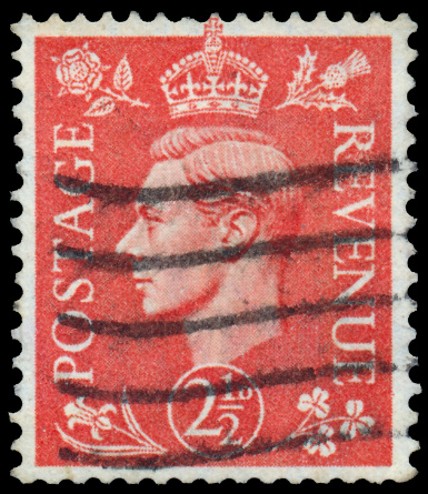 British Half Pence Green Used Postage Stamp showing Portrait of King George VI, circa 1937 to 1947