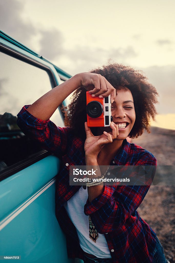 Girl with retro camera Camera - Photographic Equipment Stock Photo
