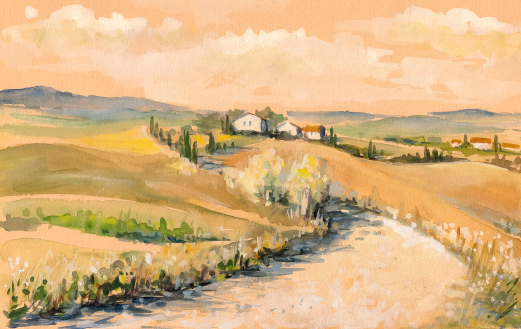 Country landscape with typical Tuscan hills in Italy. Watercolors painting.