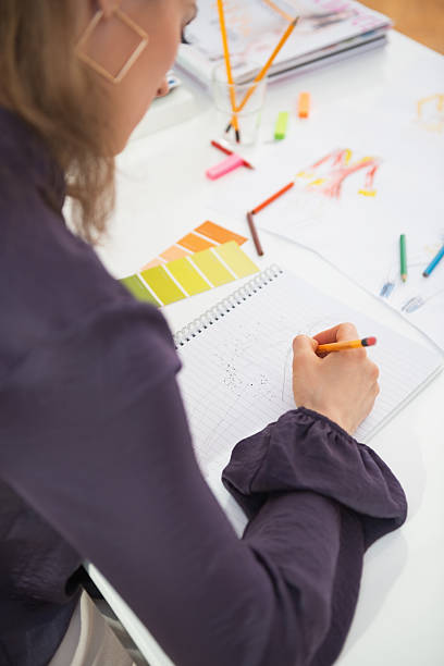 istock closeup on fashion designer making sketches. rear view 486648607