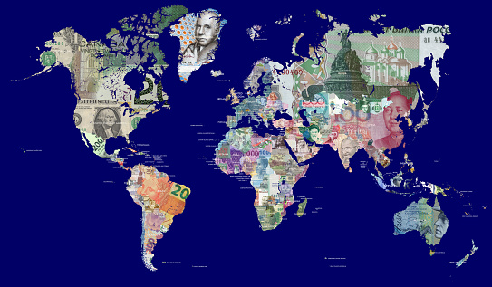 Detailed map of the world in all the world's currencies.