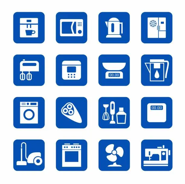 Vector illustration of Icons, home appliances, kitchen appliances and home, white, blue.