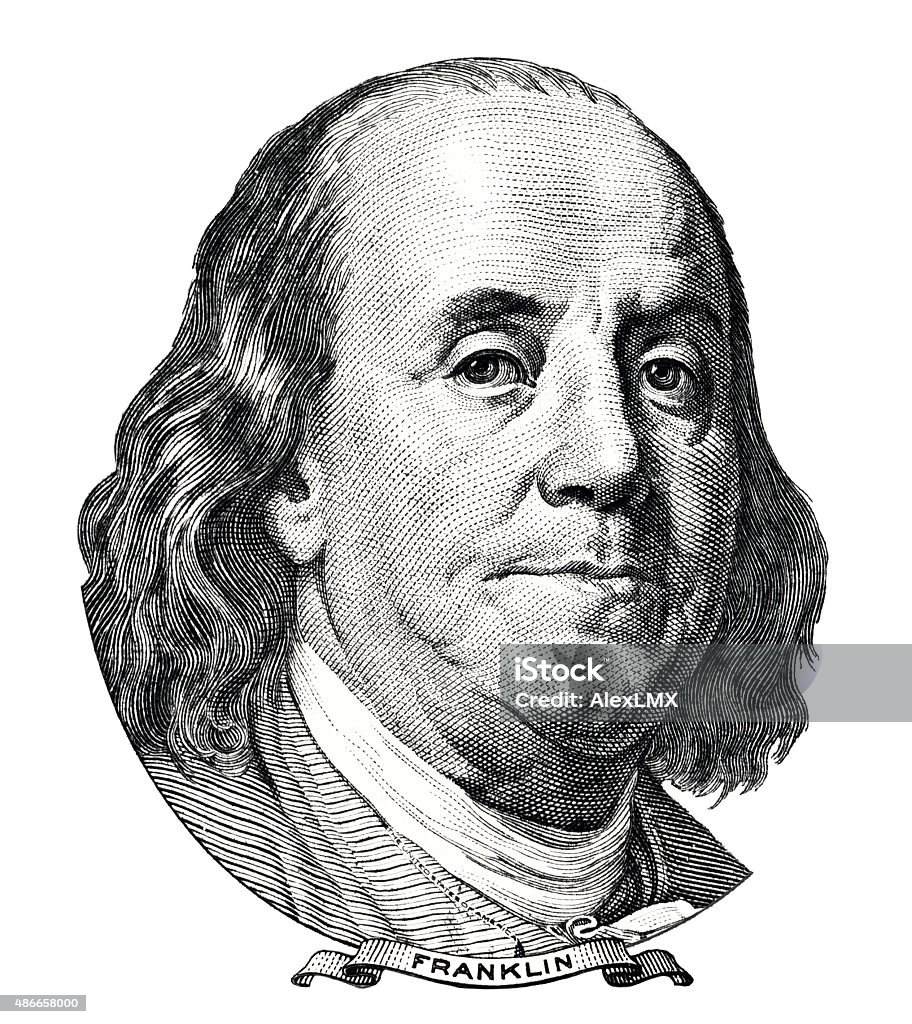 Benjamin Franklin portrait Benjamin Franklin portrait isolated on white background Benjamin Franklin Stock Photo