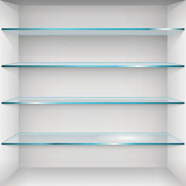 Vector illustration of Empty glass shelves on wall. Vector Illustration