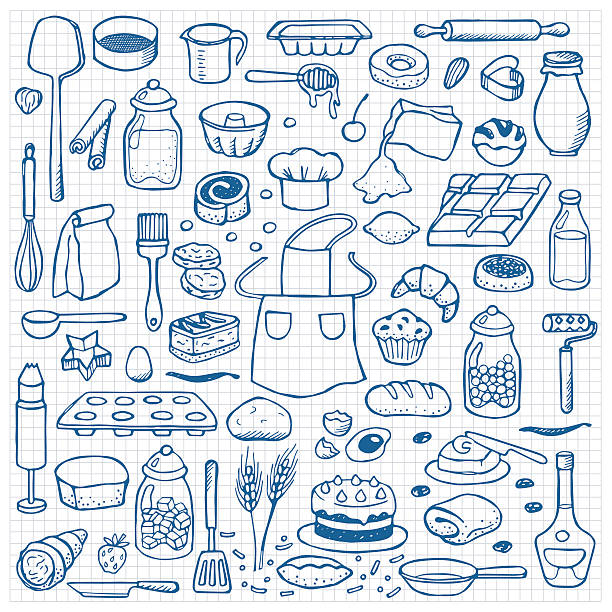 Hand drawn doodle set with bakery elements Vector illustration for backgrounds, web design, design elements, textile prints, covers  chef patterns stock illustrations