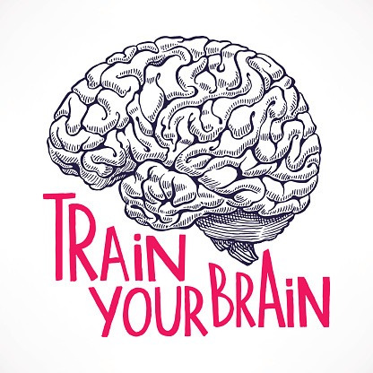 Train your brain. beautiful card with a human brain and motivational quote. hand-drawn illustration