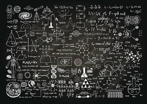 ilustraciones, imágenes clip art, dibujos animados e iconos de stock de ciencia on chalkboard - mathematics mathematical symbol blackboard formula