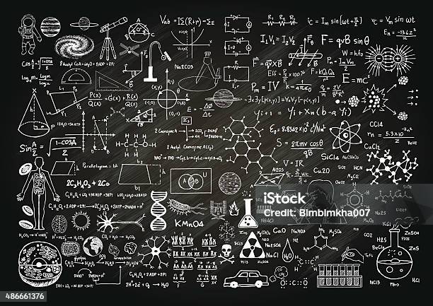 Ilustración de Ciencia On Chalkboard y más Vectores Libres de Derechos de Pizarra - Medios visuales - Pizarra - Medios visuales, Ciencia, Símbolo matemático