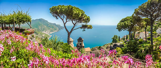 Amalfi Coast from Villa Rufolo gardens in Ravello, Campania, Italy Scenic picture-postcard view of famous Amalfi Coast with Gulf of Salerno from Villa Rufolo gardens in Ravello, Campania, Italy amalfi photos stock pictures, royalty-free photos & images