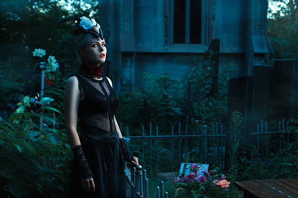 istock Woman with white eyes standing in a cemetery at night. 486664136