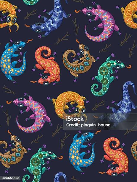 Ethnic Geckos Seamless Pattern Stock Illustration - Download Image Now - Chameleon, 2015, Animal