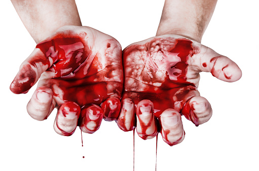 Hands in blood, isolated on a white background.