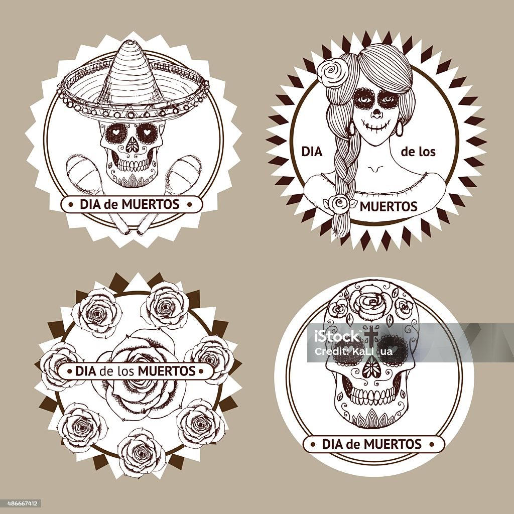 Sketch mexican dia de los muertos set of stickers Sketch mexican dia de los muertos set of stickers in vintage style. Skull, painted girl, roses, skull in hat with maracas. 2015 stock vector