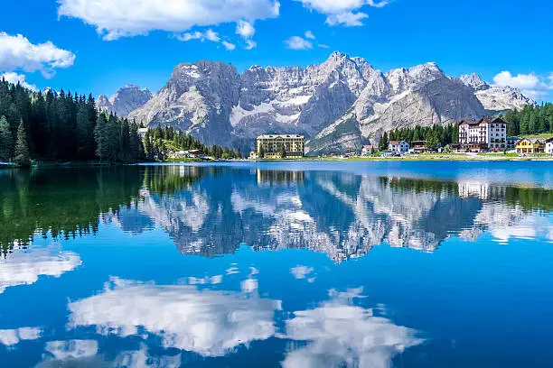 Lake Misurina with reflection of clear blue sky in the summer season