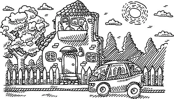 Vector illustration of Cozy Home Frontyard Car Drawing