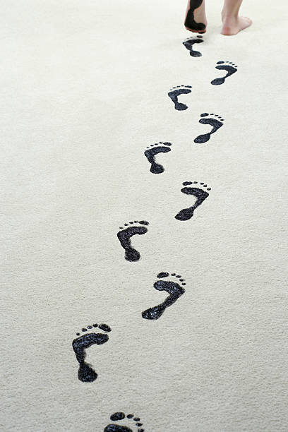 istock Young woman leaving black footprints on carpet 486673655