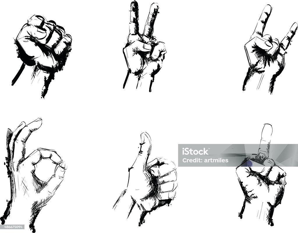 Hand Signs Gestures Black and White Pen Drawing Black and White Sketch of common hand signs and gestures isolated on white background i.e. OK sign, peace sign, fist...  Peace Sign - Gesture stock vector