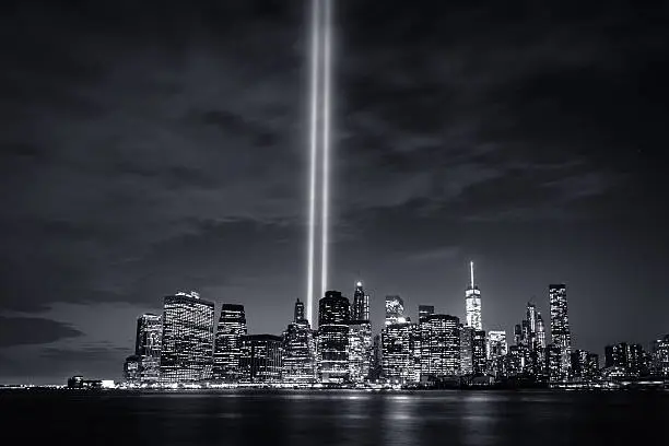 September 11th "Tribute in Light" beacons shine up from lower Manhattan. New York City, NY/USA. September, 2015.