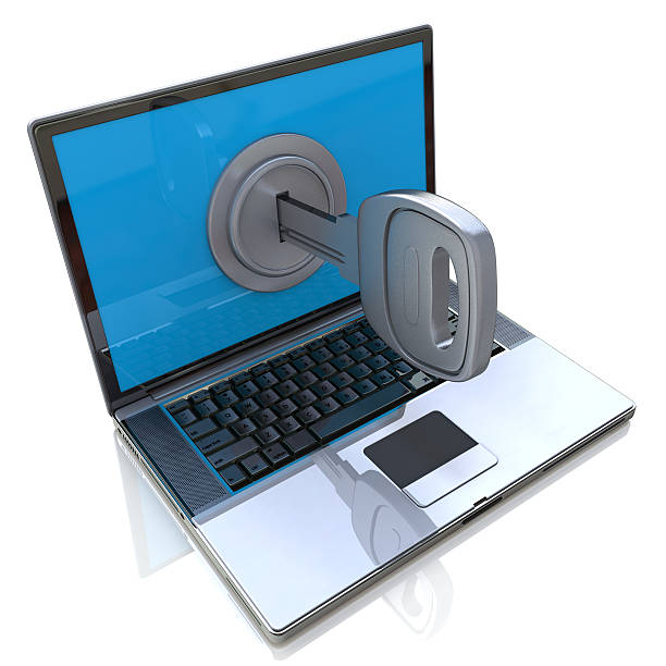 Computer security 3d concept - laptop and key Computer security 3d concept - laptop and key in the design of information related to internet technologies shooting guard stock pictures, royalty-free photos & images