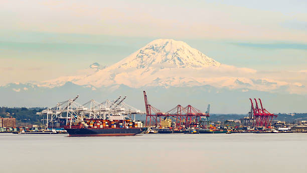 Seattle Port With Mt. Adams Port of Seattle with Mt. Adams in the background. elliott bay photos stock pictures, royalty-free photos & images