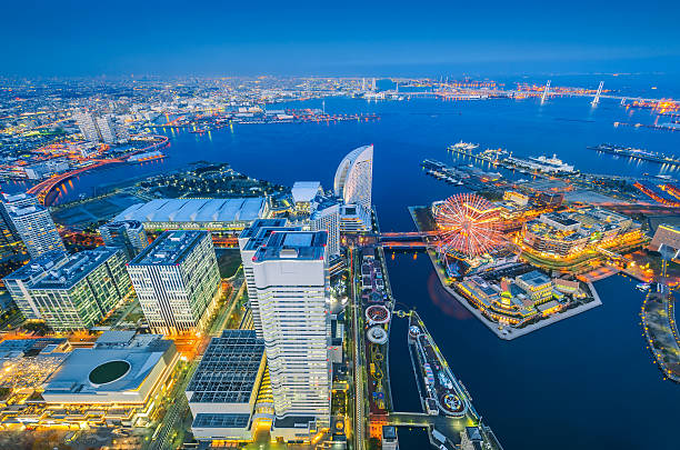 Aerial night view of Yokohama Cityscape stock photo