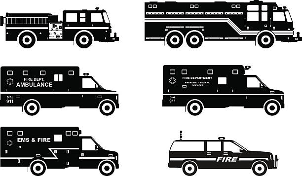 zbiór różnych sylwetki samochodów ciężarowych i pogotowia pożarowego. - fire engine flash stock illustrations