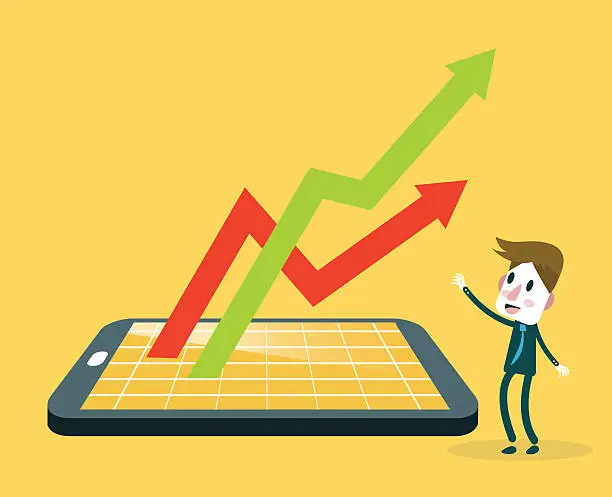 Vector illustration of Businessman watching smartphone with stock market application and growth graph.