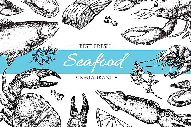 Vector vintage seafood restaurant illustration. Vector vintage seafood restaurant illustration. Hand drawn banner. Great for meny, banner, flyer, card, seafood business promote. seafood stock illustrations
