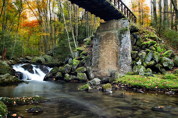 Under the Tremont Bridge A beautiful fall veiw from from under the trail bridge at Tremont in the Great Smoky Mountains National Park in Tennessee. tremont stock pictures, royalty-free photos & images