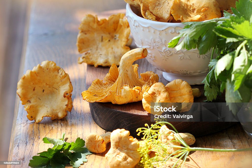 Fresh chanterelle mushrooms on a  table 2015 Stock Photo