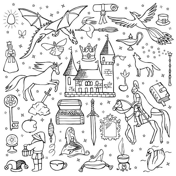illustrazioni stock, clip art, cartoni animati e icone di tendenza di mano disegno doodle set di fiaba - castle fairy tale illustration and painting fantasy
