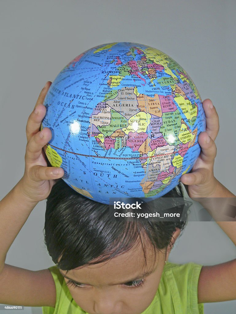 Save Earth Concept Small girl with Model of planet Earth, Save Earth Concept Blue Stock Photo