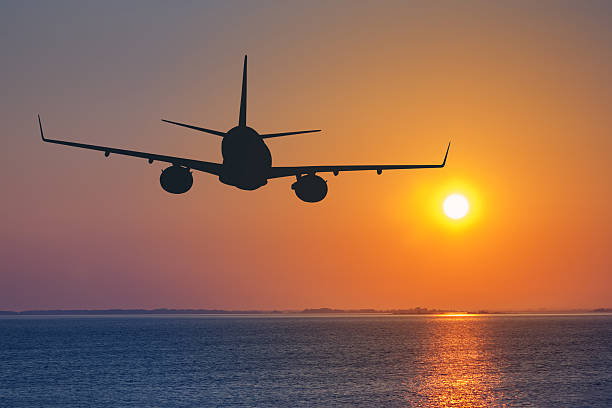 istock Silhouette of passenger airplane flying on sunset 486690350