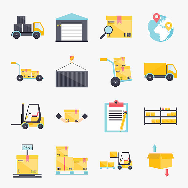 Set of flat warehouse icons logistic blank and transportation, s Set of flat warehouse icons logistic blank and transportation, storage vector illustration. weighing in stock illustrations