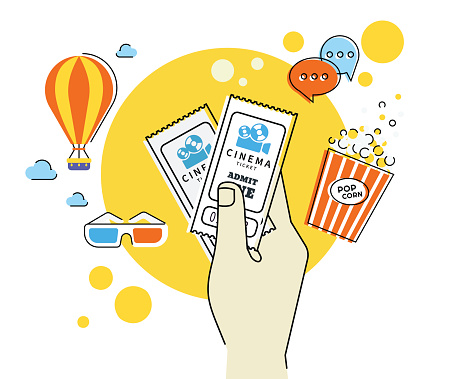 Flat contour illustration of human hand holds two cinema tickets. Text outlined 