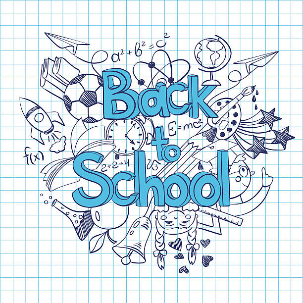 ilustrações, clipart, desenhos animados e ícones de esboço de volta para a escola de fundo. - mathematics doodle paper education