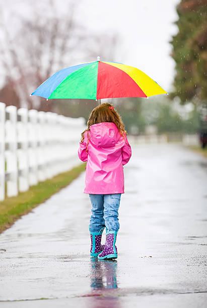 istock Young Girl Walking in Rain with Rainbow Umbrella 486694379
