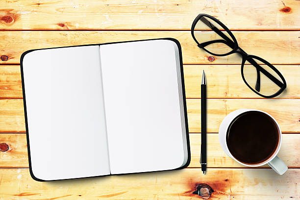 istock blank diary, cup of coffee and glasses, mock up 486695492