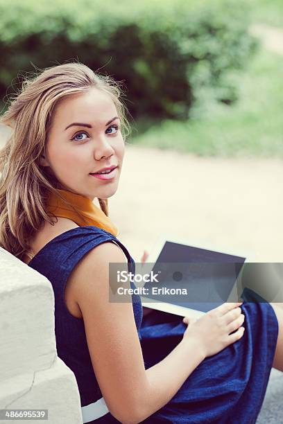 Woman Uses Digital Tablet Stock Photo - Download Image Now - Adult, Analyzing, Blogging