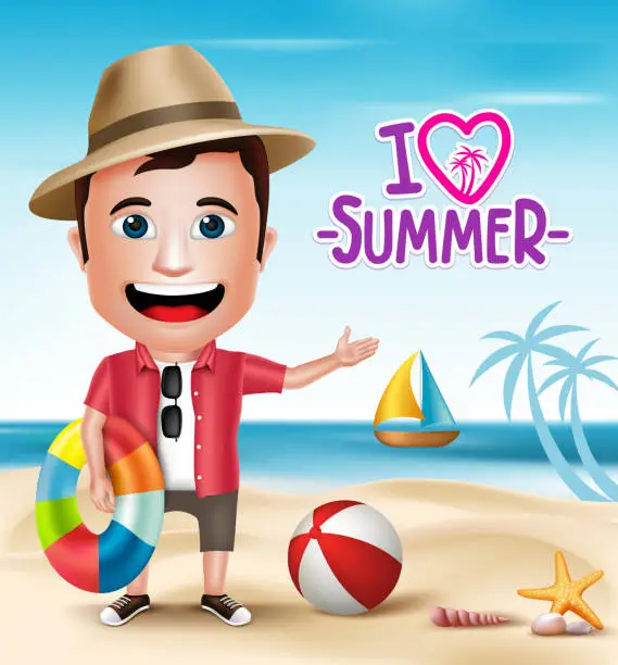 Vector illustration of 3D Realistic Tourist Man Character Wearing Summer Outfit