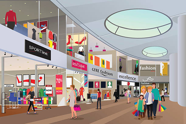 menschen in einer shopping-mall - einkaufszentrum-innen stock-grafiken, -clipart, -cartoons und -symbole