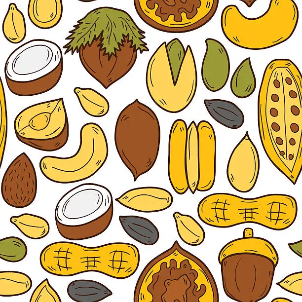 Vector illustration of Sealess background with cartoon hand drawn objects on nuts theme