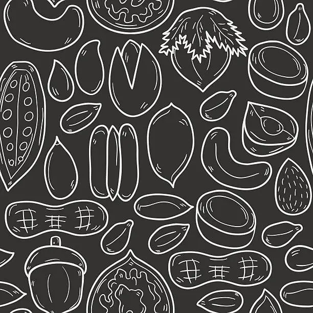 Vector illustration of Sealess background with cartoon hand drawn objects on nuts theme