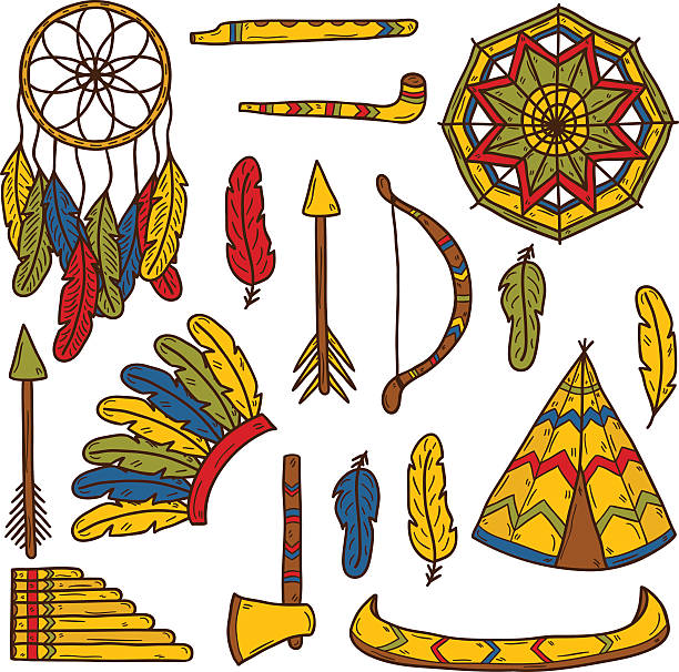 ilustrações, clipart, desenhos animados e ícones de conjunto de mão desenhada dos objetos em injun tema: tomahawk - injun