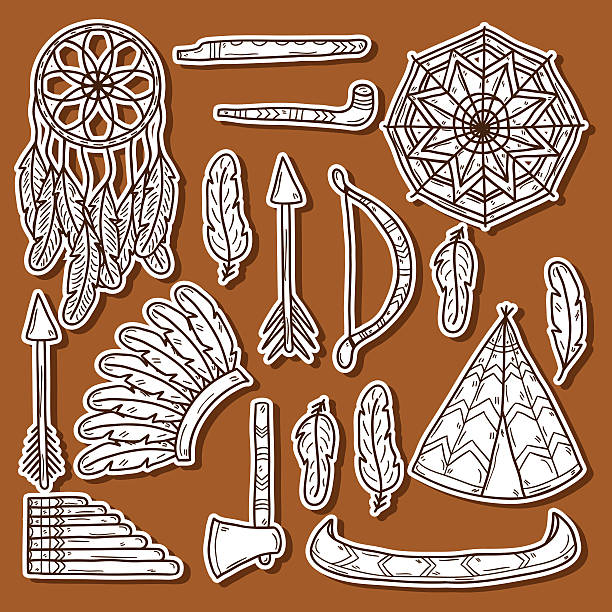 ilustrações, clipart, desenhos animados e ícones de conjunto de adesivos de desenhos animados de desenho à mão da injun tema: tomahawk - injun